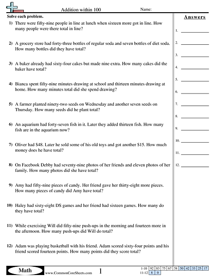 Addition Worksheets - Word Addition Within 100 worksheet